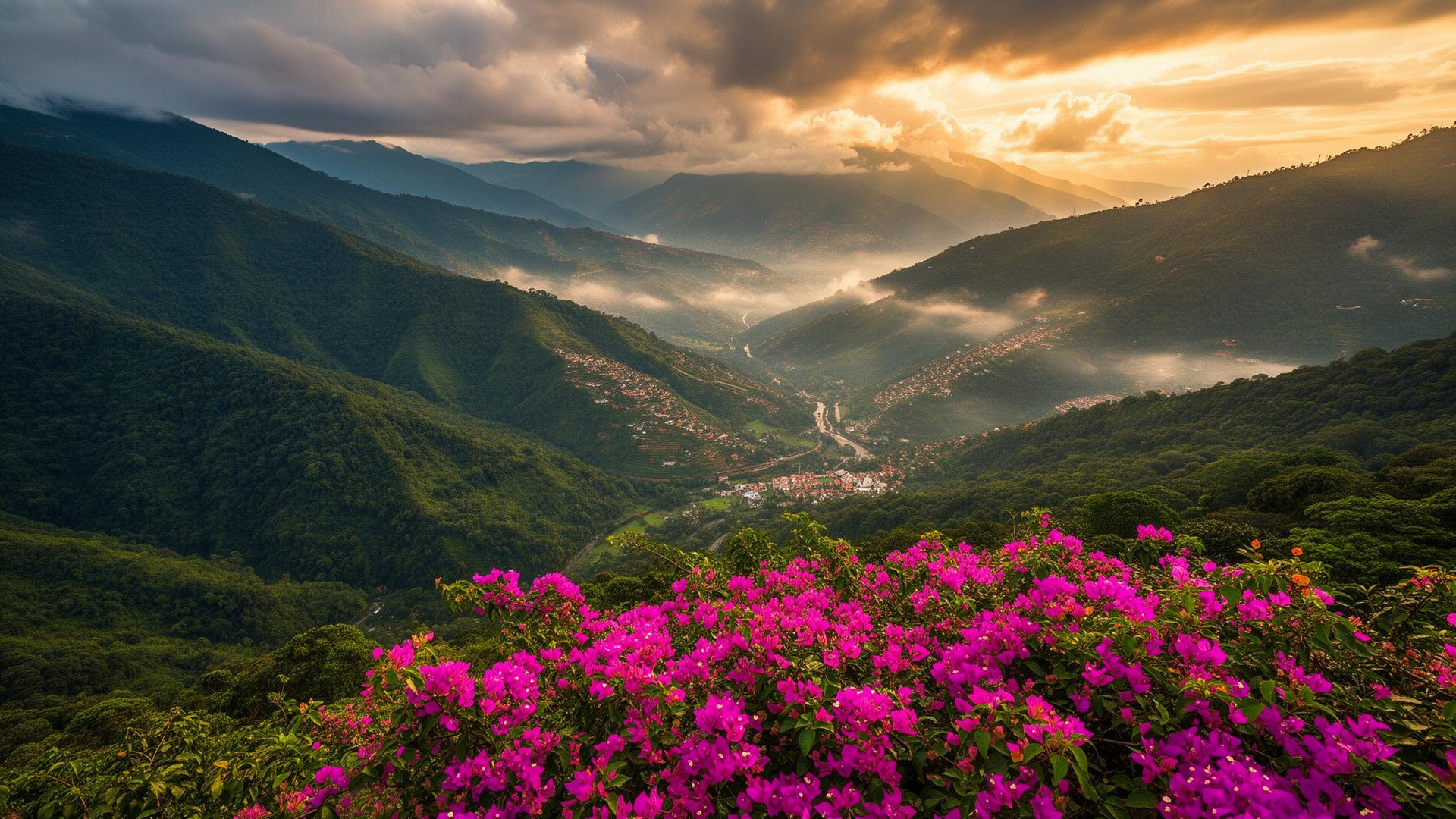 Medellín mountains at golden hour with bougainvillea